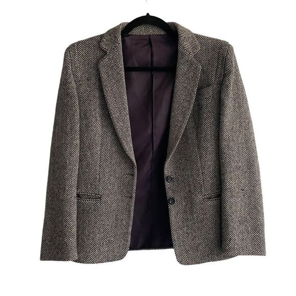 Vintage Jackets & Blazers - VINTAGE BRIAN TUCKER Ireland Wool Herringbone Blazer Black Grey L